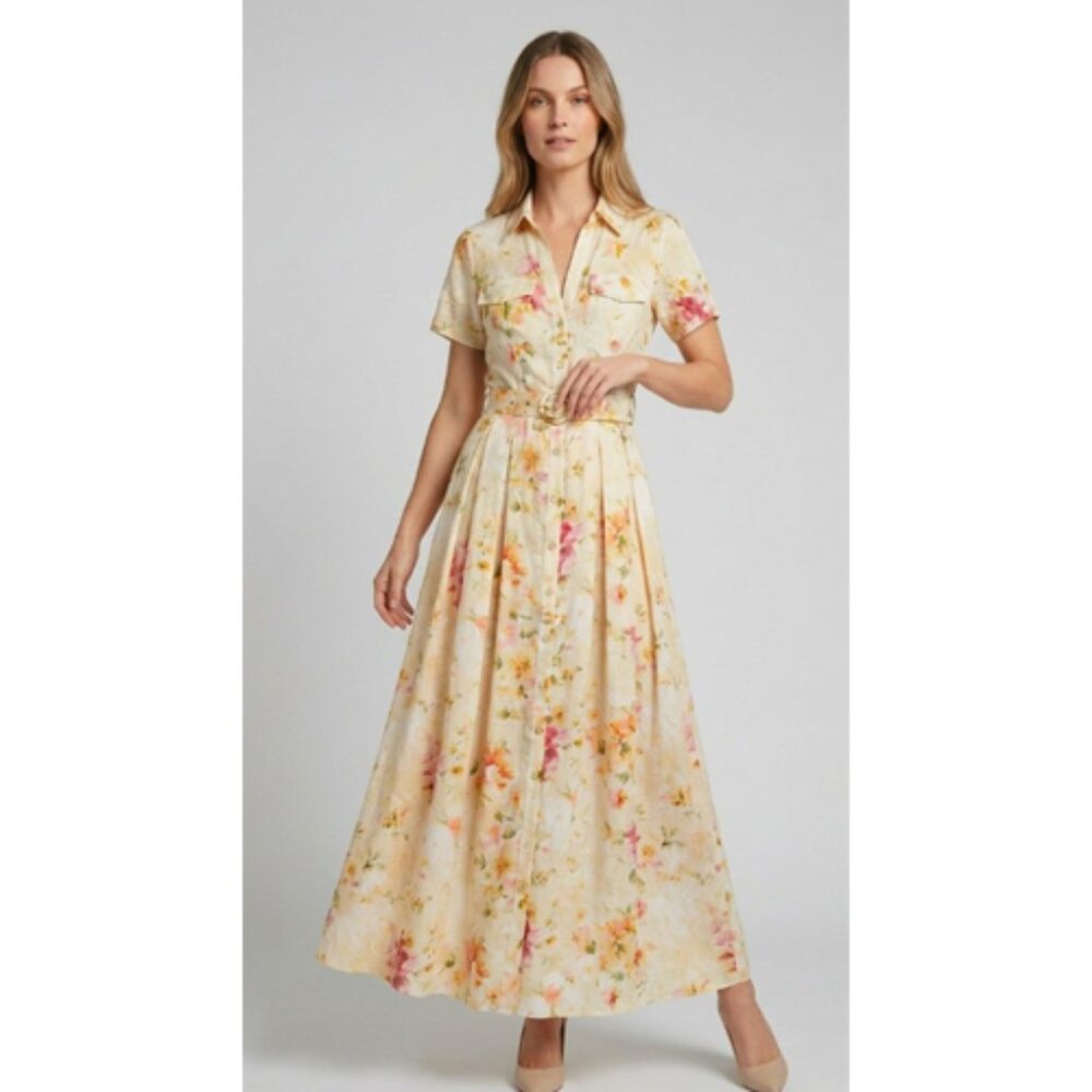 MA06. Yellow Watercolor Floral Button Front Maxi Dress With Belt